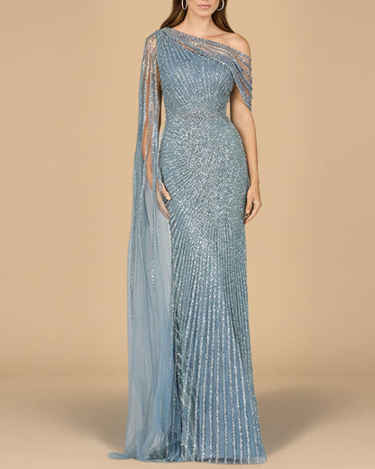 One Shoulder Fitted Gown with Cape Sleeve | Lara 29051 by Lara New York