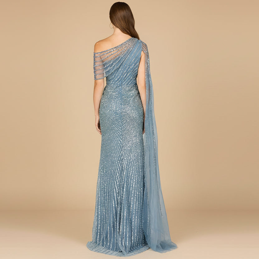 One Shoulder Fitted Gown with Cape Sleeve | Lara 29051 by Lara New York
