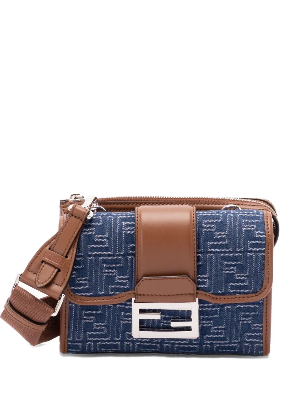 Fendi Men Denim-Effect Ff Jacquard And Leather Double Baguette Bag by Luosophy