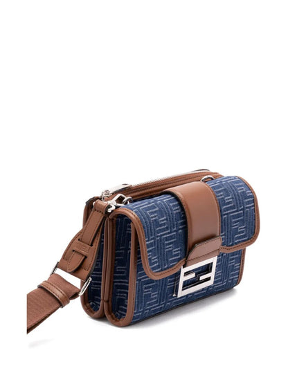 Fendi Men Denim-Effect Ff Jacquard And Leather Double Baguette Bag by Luosophy