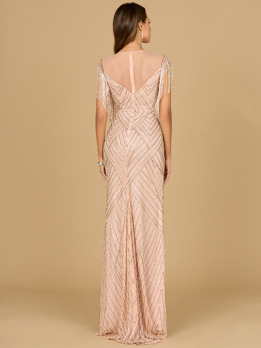 Beaded Fringe Illusion Dress with Cap Sleeves by Lara New York