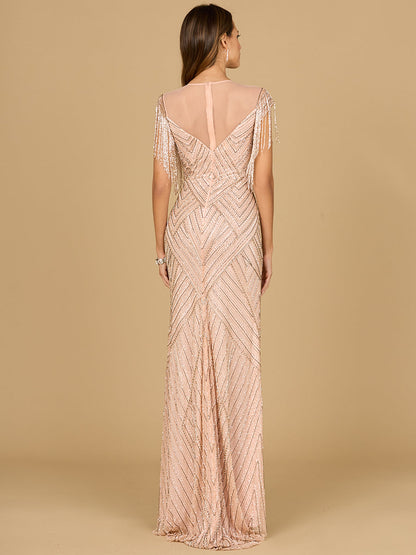 Beaded Fringe Illusion Dress with Cap Sleeves by Lara New York