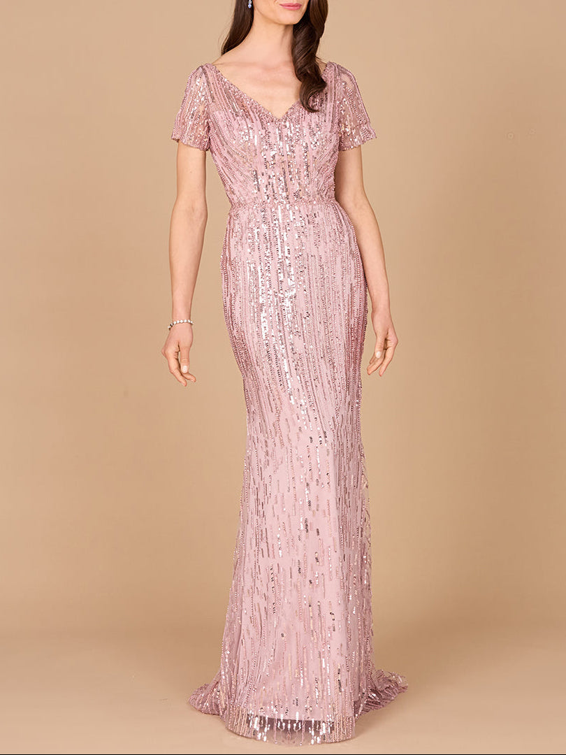Short Sleeve, Beaded Mermaid Gown by Lara New York