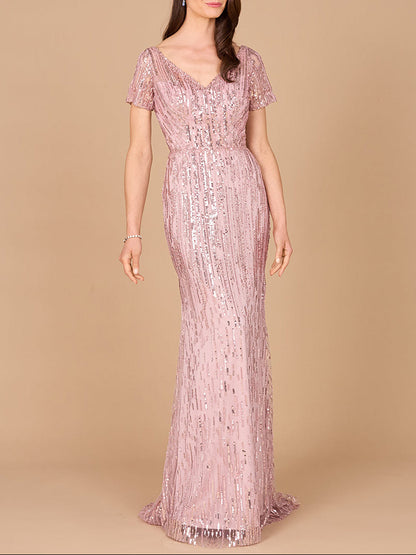 Short Sleeve, Beaded Mermaid Gown by Lara New York