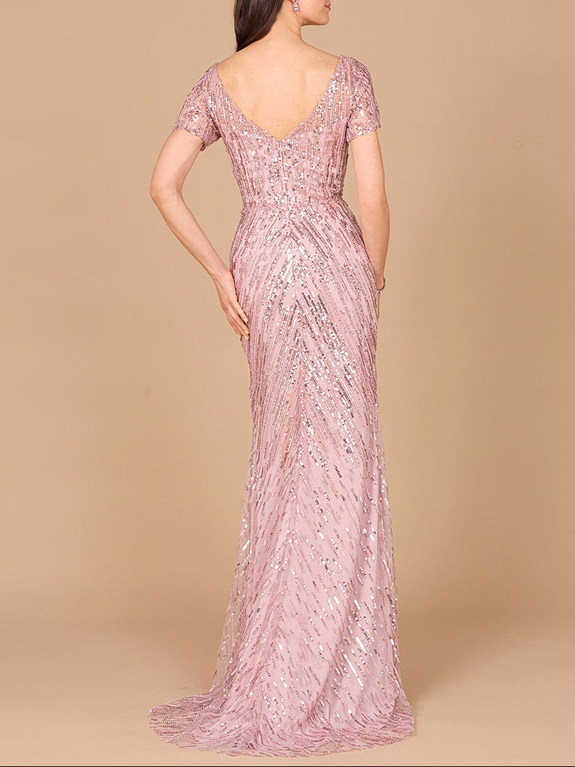 Short Sleeve, Beaded Mermaid Gown by Lara New York