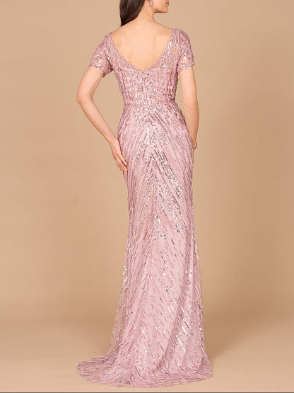Short Sleeve, Beaded Mermaid Gown by Lara New York