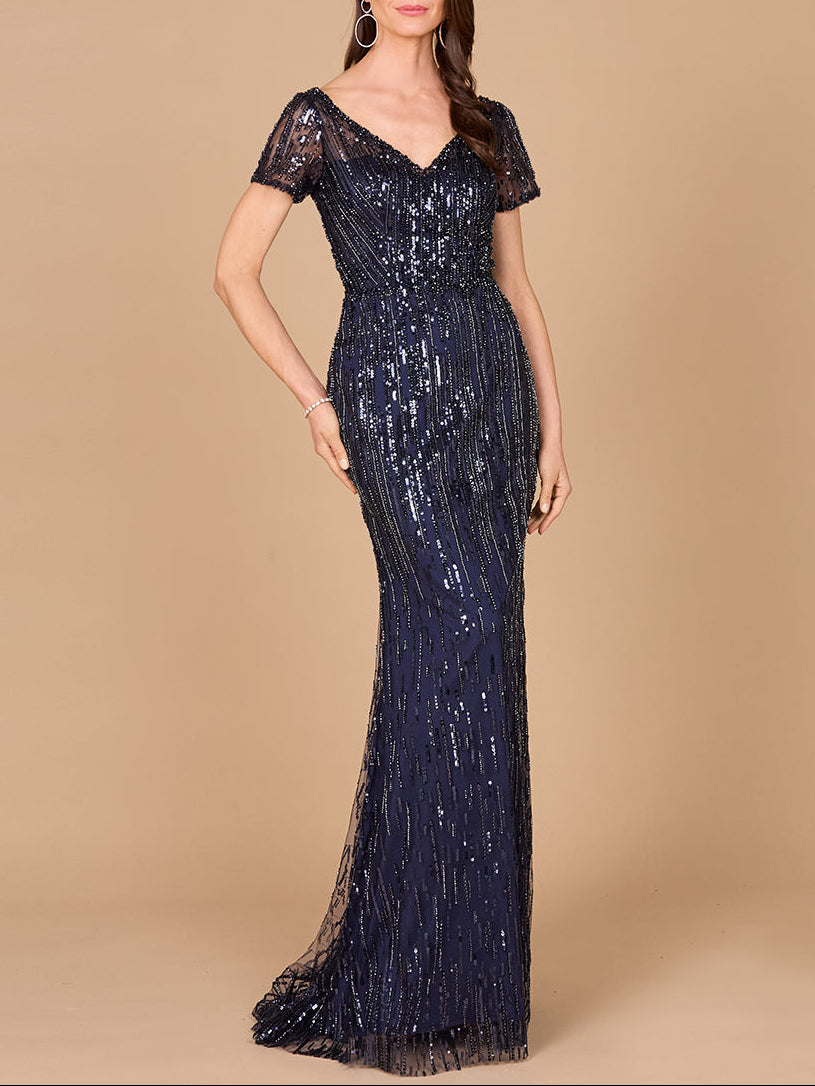 Short Sleeve, Beaded Mermaid Gown by Lara New York