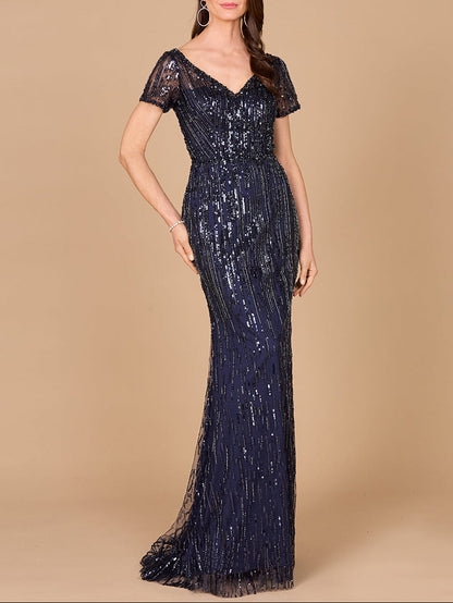 Short Sleeve, Beaded Mermaid Gown by Lara New York