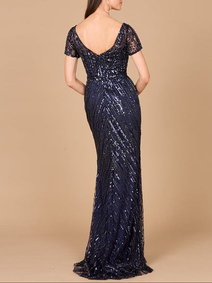 Short Sleeve, Beaded Mermaid Gown by Lara New York