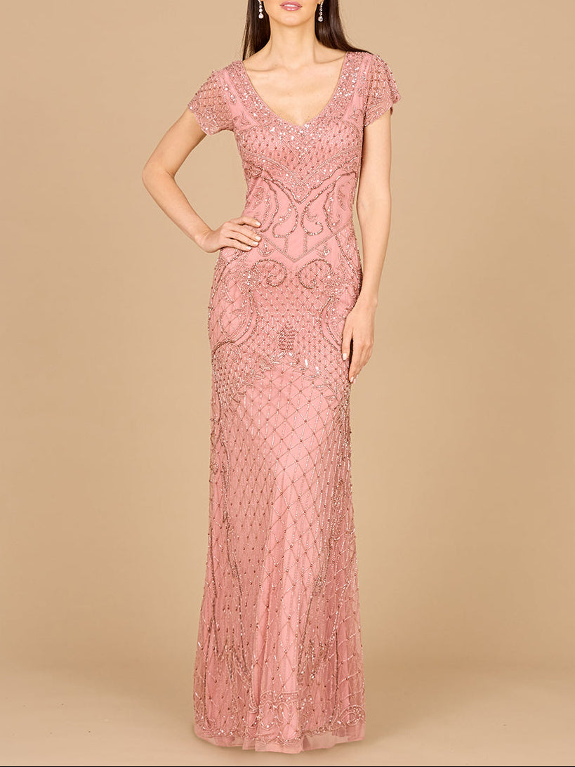 Beaded Cap Sleeve Gown With V-Neckline - OUTLET by Lara New York
