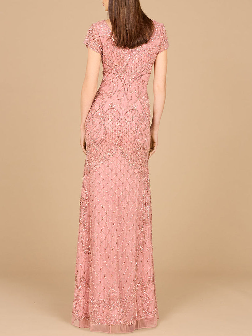 Beaded Cap Sleeve Gown With V-Neckline - OUTLET by Lara New York
