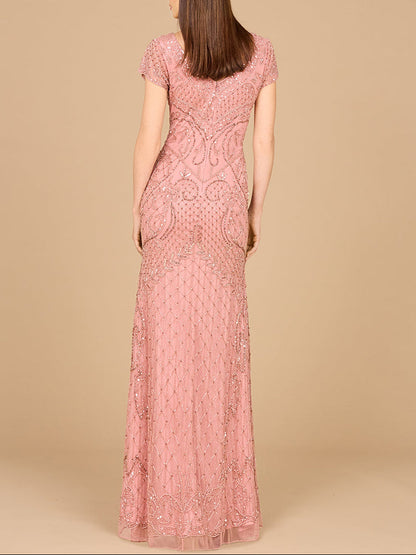 Beaded Cap Sleeve Gown With V-Neckline - OUTLET by Lara New York