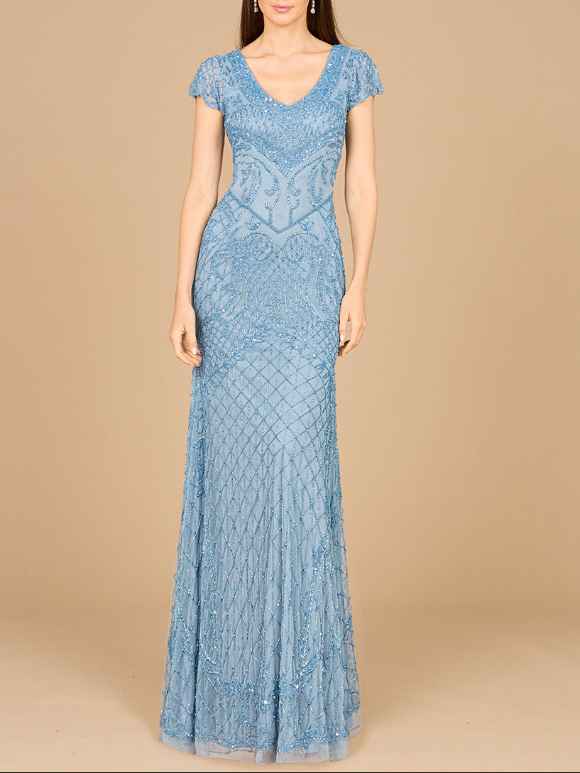 Beaded Cap Sleeve Gown With V-Neckline - OUTLET by Lara New York