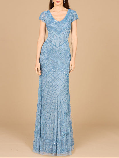 Beaded Cap Sleeve Gown With V-Neckline - OUTLET by Lara New York