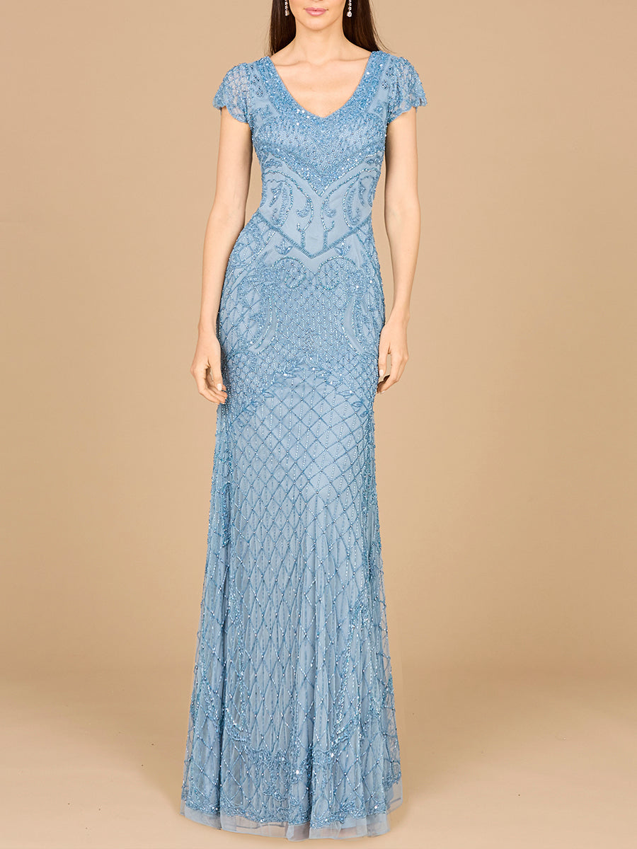 Beaded Cap Sleeve Gown With V-Neckline - OUTLET by Lara New York