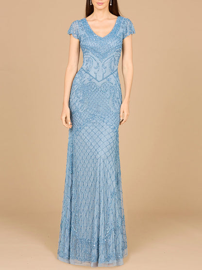 Beaded Cap Sleeve Gown With V-Neckline - OUTLET by Lara New York