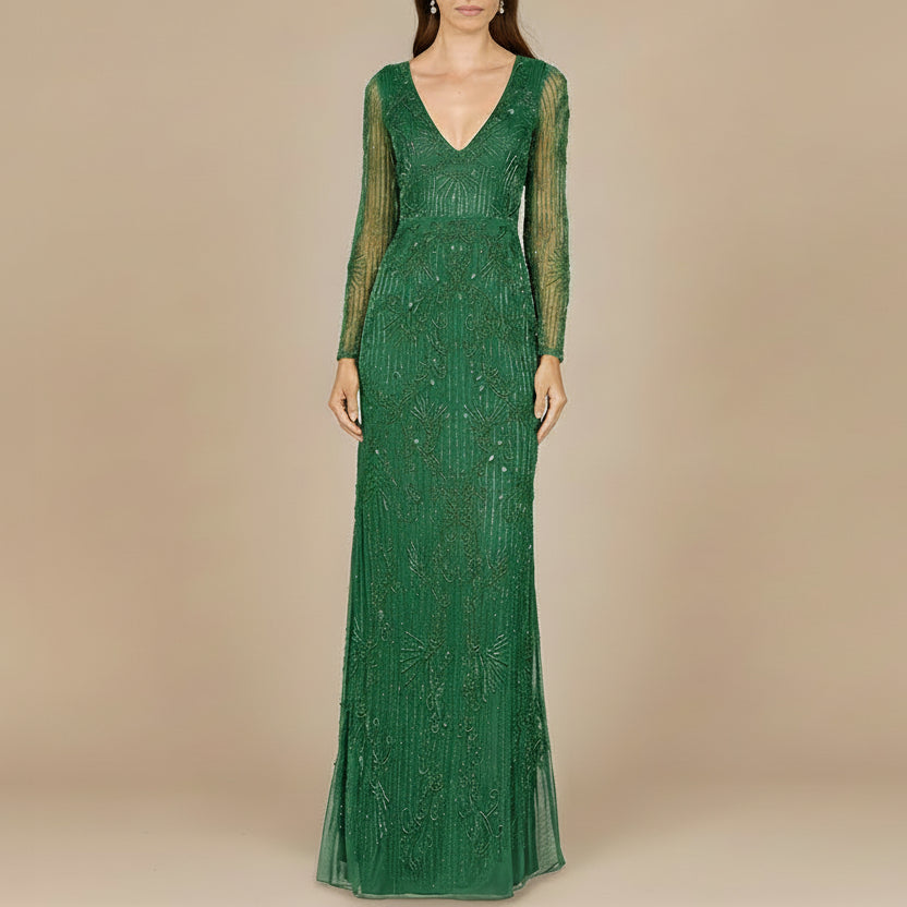 Elegant Long Sleeve Beaded Gown - OUTLET by Lara New York