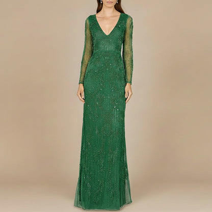 Elegant Long Sleeve Beaded Gown - OUTLET by Lara New York