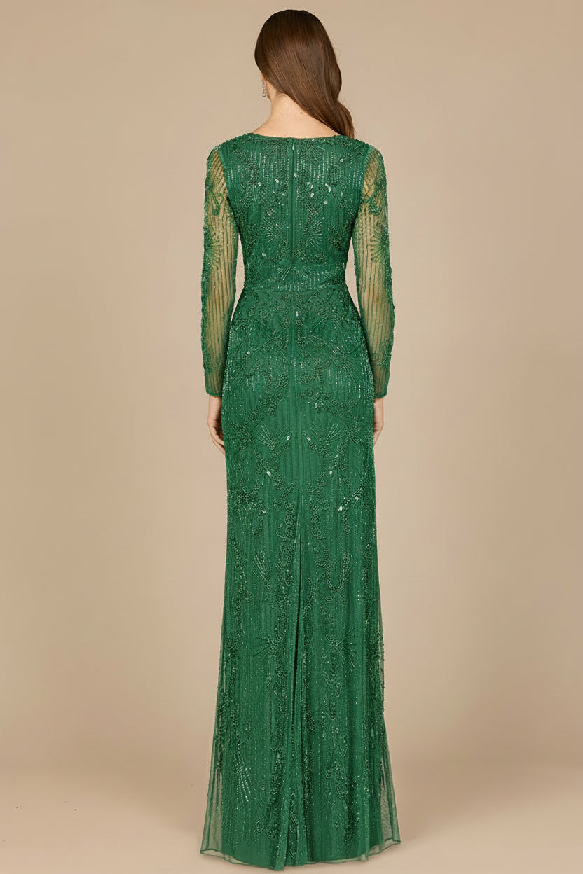 Elegant Long Sleeve Beaded Gown - OUTLET by Lara New York