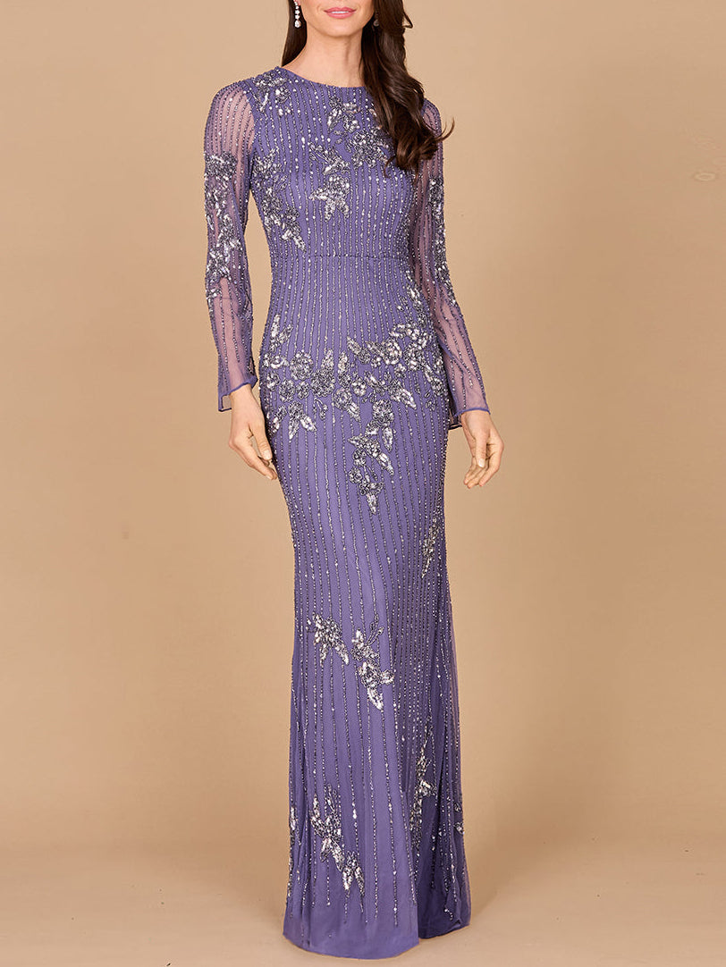 Long Sleeve, High Neck Beaded Gown - OUTLET by Lara New York