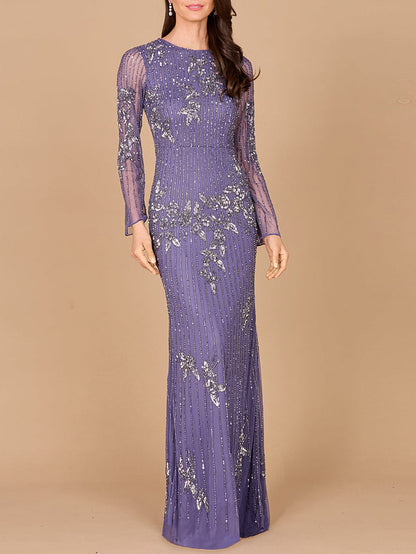 Long Sleeve, High Neck Beaded Gown - OUTLET by Lara New York