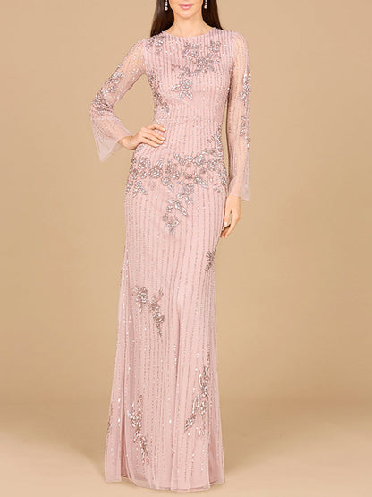 Long Sleeve, High Neck Beaded Gown - OUTLET by Lara New York