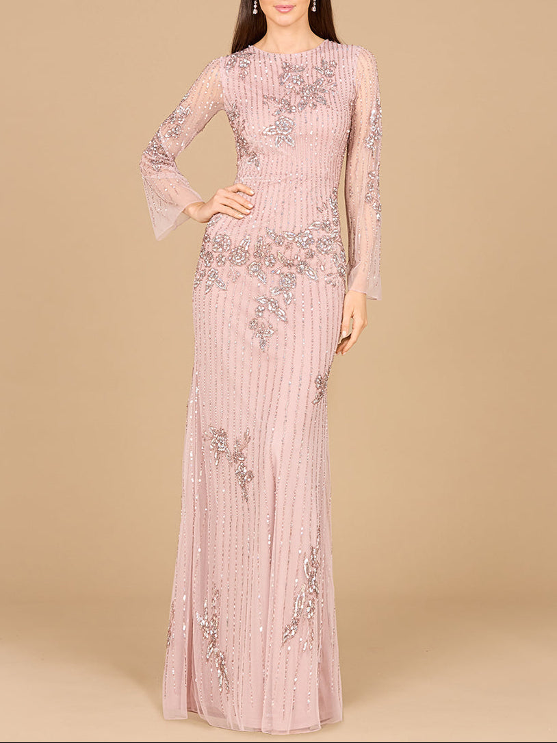 Long Sleeve, High Neck Beaded Gown - OUTLET by Lara New York