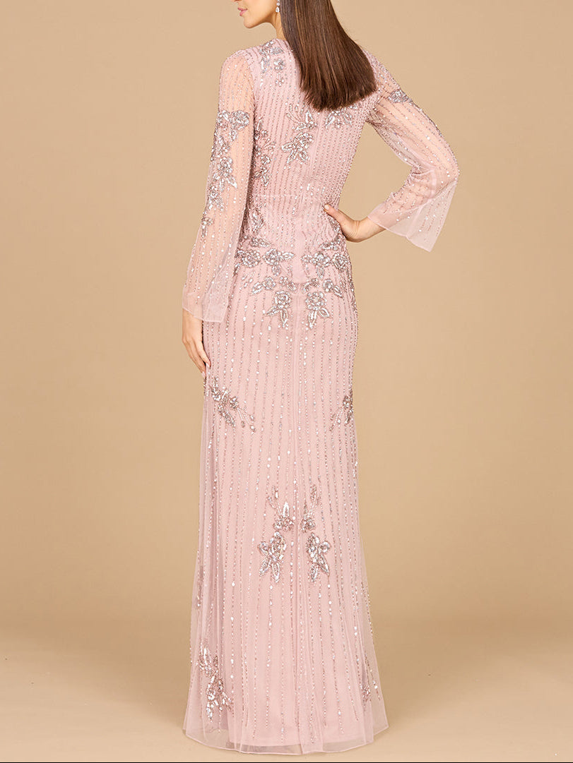 Long Sleeve, High Neck Beaded Gown - OUTLET by Lara New York
