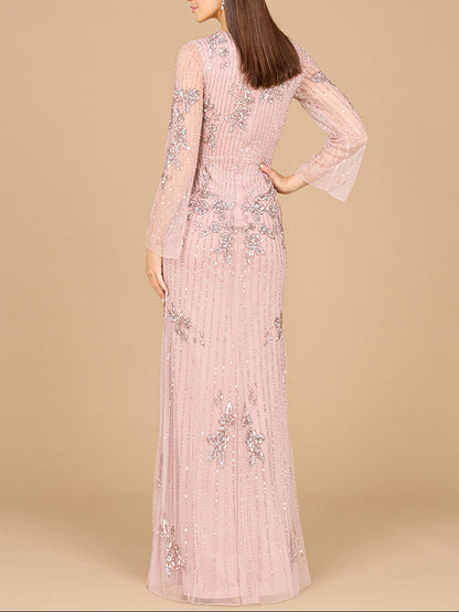 Long Sleeve, High Neck Beaded Gown - OUTLET by Lara New York