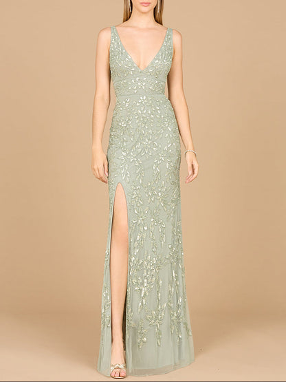 Embellished Gown with Slit - OUTLET by Lara New York