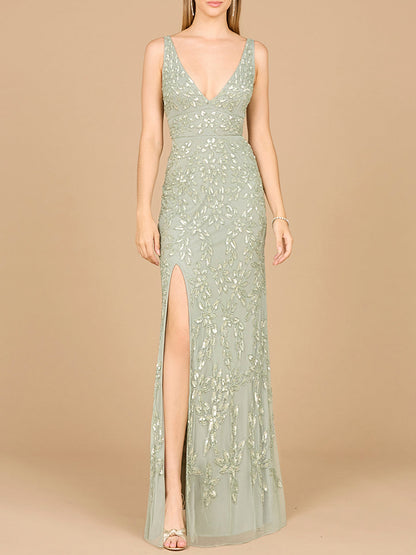Embellished Gown with Slit - OUTLET by Lara New York