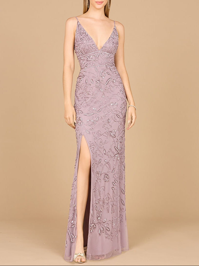 Embellished Gown with Slit And Spaghetti Straps - OUTLET by Lara New York