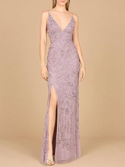 Embellished Gown with Slit And Spaghetti Straps - OUTLET by Lara New York