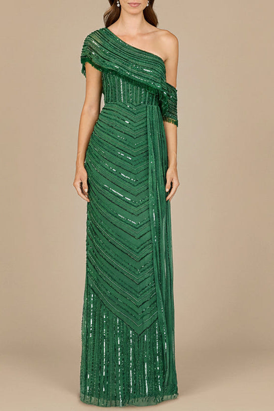 Off Shoulder Sheath Beaded Gown by Lara New York