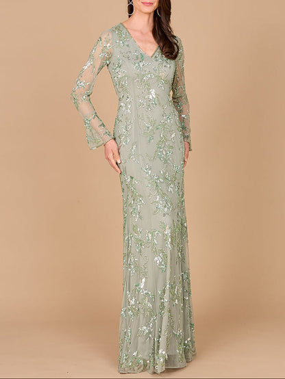 Beaded Dress with Sheer Long Sleeves by Lara New York