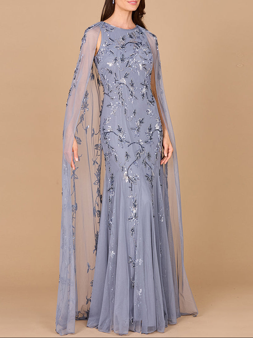 Mermaid Beaded Dress with Long Cape - OUTLET by Lara New York