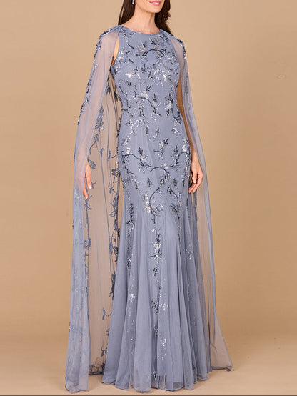 Mermaid Beaded Dress with Long Cape - OUTLET by Lara New York