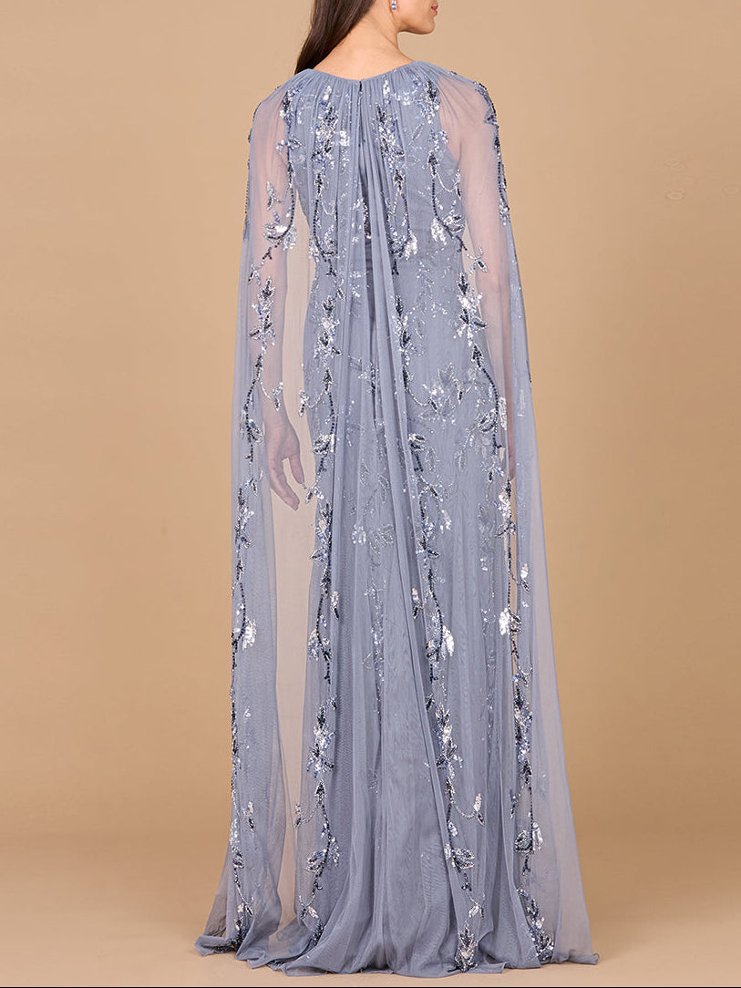 Mermaid Beaded Dress with Long Cape - OUTLET by Lara New York