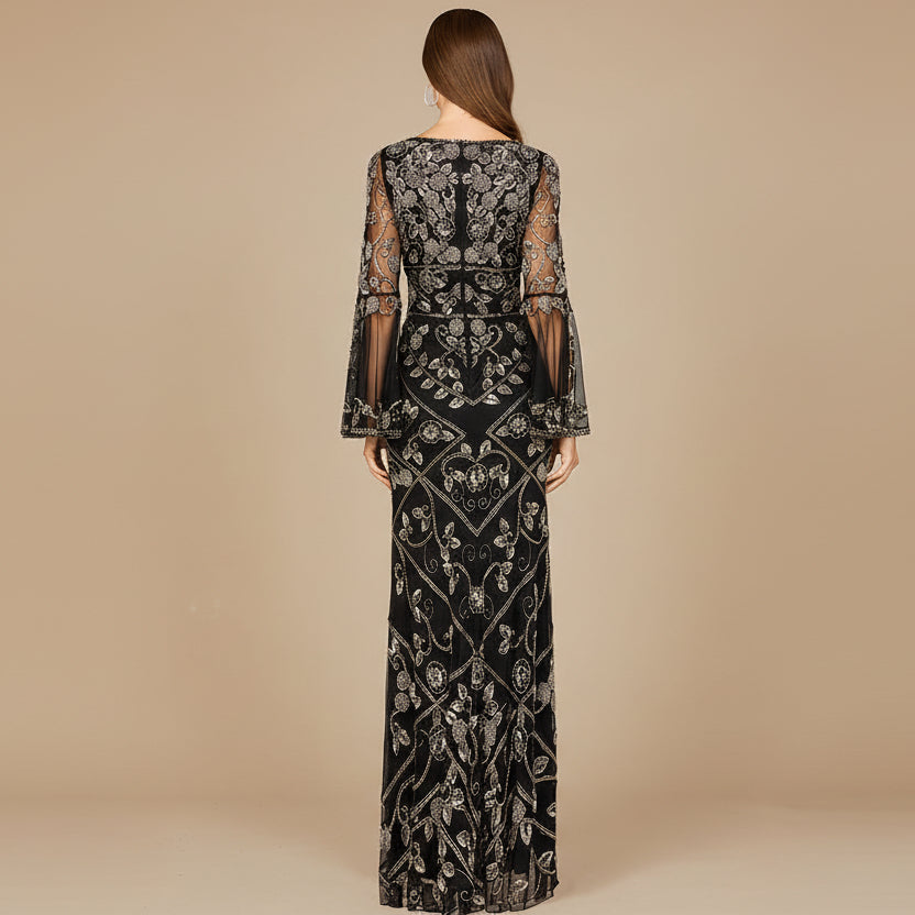 Bell Sleeved High Neck Beaded Gown by Lara New York