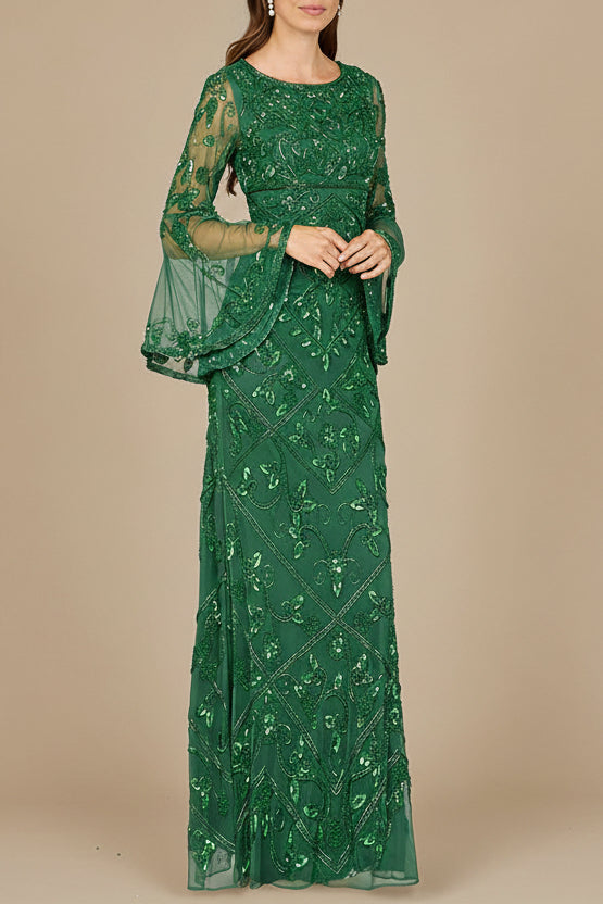 Bell Sleeved High Neck Beaded Gown by Lara New York