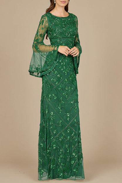 Bell Sleeved High Neck Beaded Gown by Lara New York