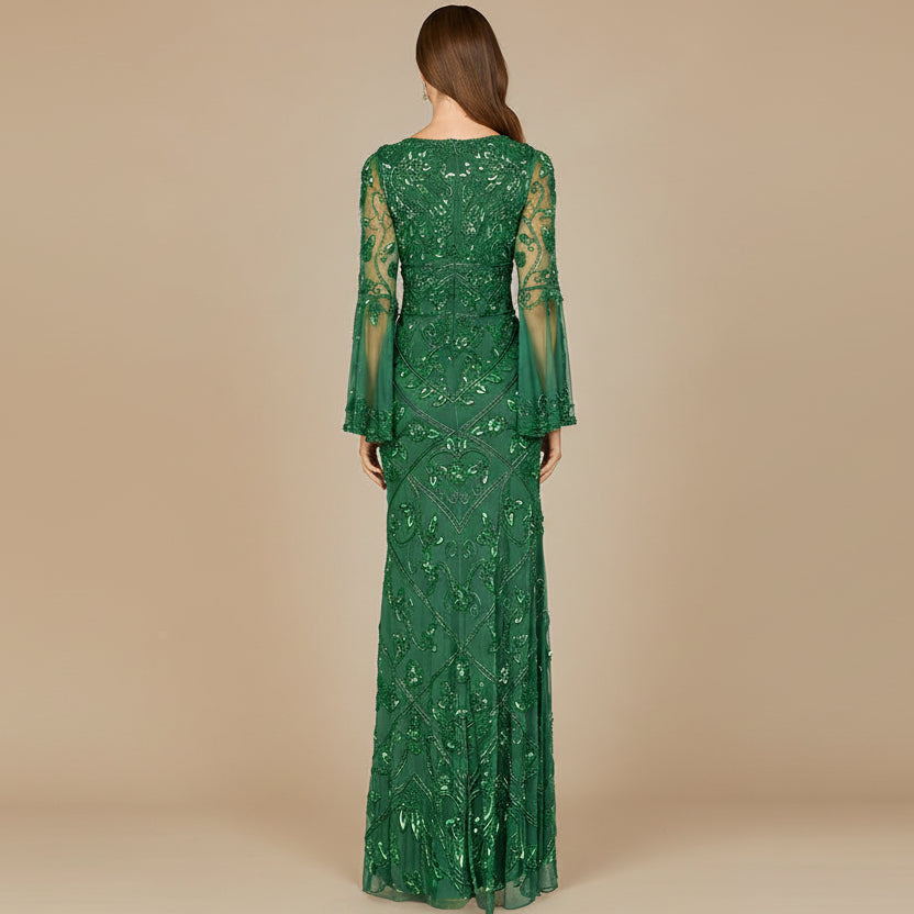 Bell Sleeved High Neck Beaded Gown by Lara New York