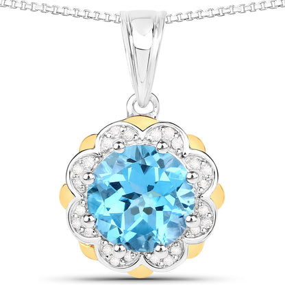 2.32 Carat Genuine Swiss Blue Topaz and White Diamond 14K Yellow Gold with .925 Sterling Silver Pendant by Bids.com