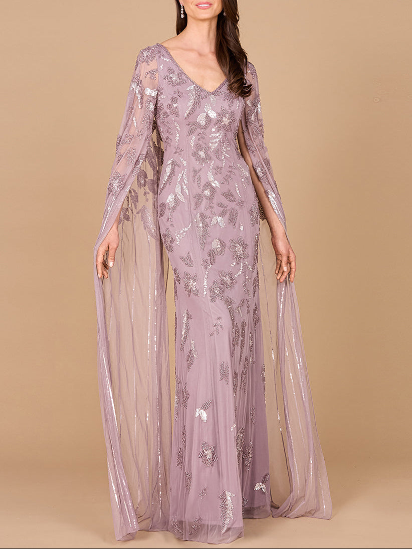Beaded Sheath Dress with Long Cape by Lara New York