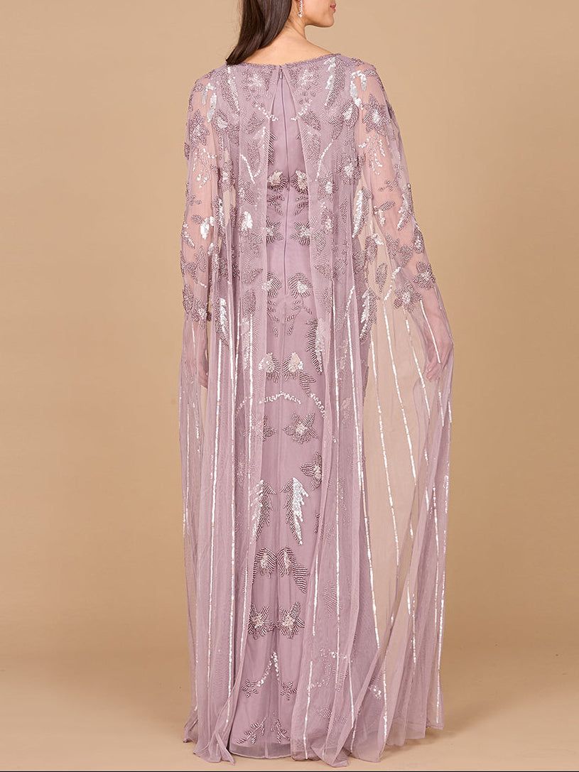 Beaded Sheath Dress with Long Cape by Lara New York