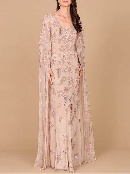 Beaded Sheath Dress with Long Cape by Lara New York