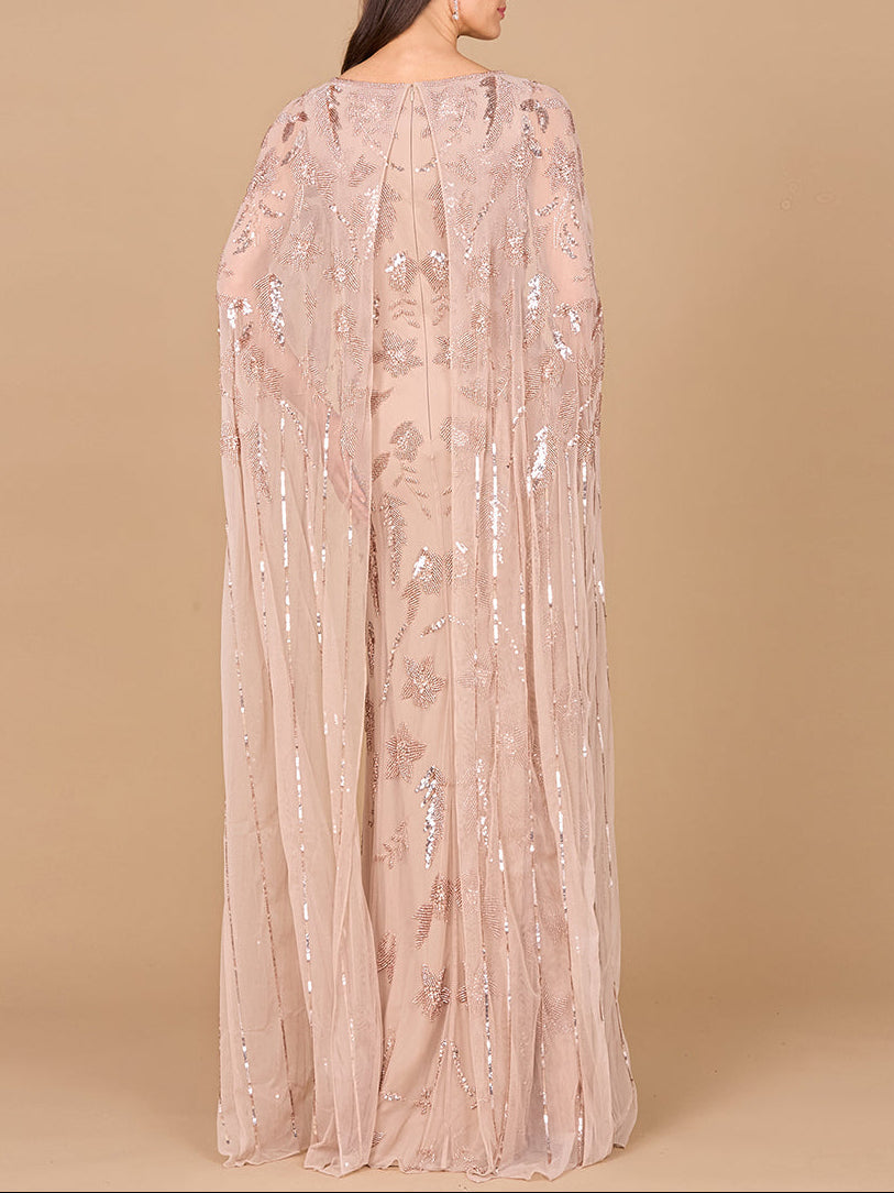 Beaded Sheath Dress with Long Cape by Lara New York