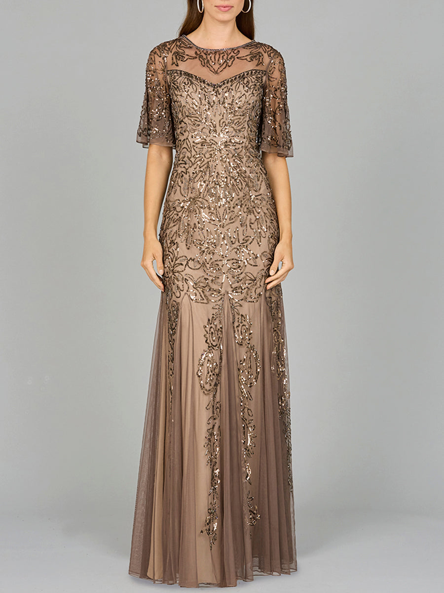 Short Sleeve Sheath Beaded Gown by Lara New York