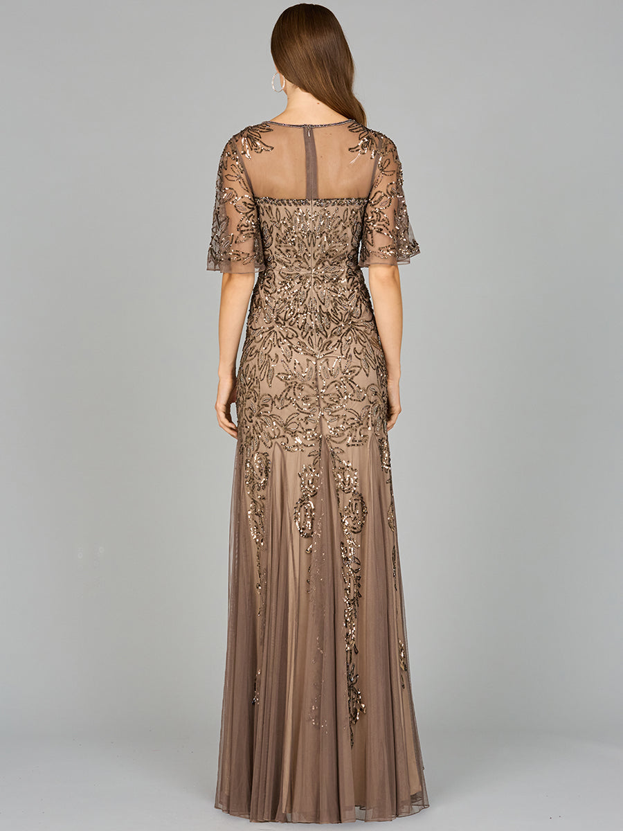 Short Sleeve Sheath Beaded Gown by Lara New York