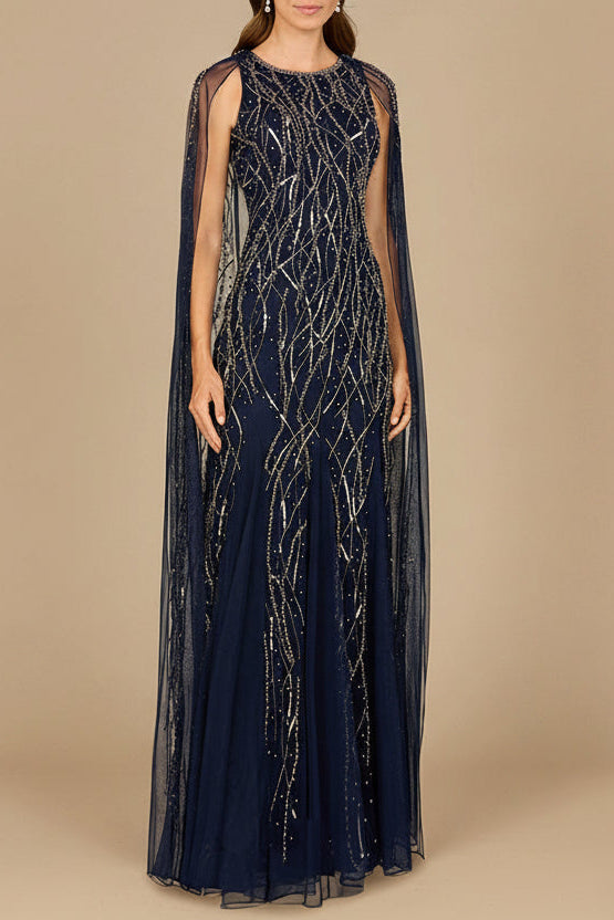 Elegant Beaded Dress with Long Cape by Lara New York